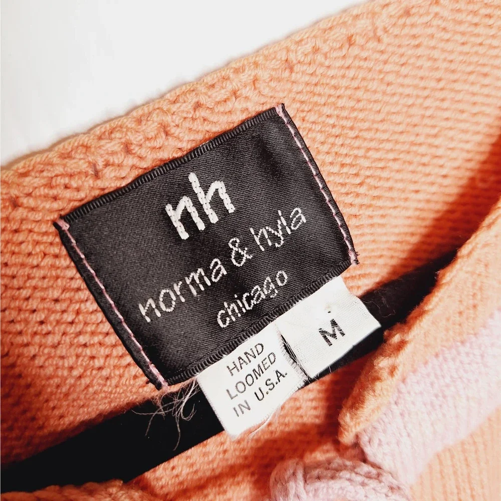 norma & hyla Hand Loomed Knit Tie Front Cardigan Medium Boxy Peach Pink Cotton